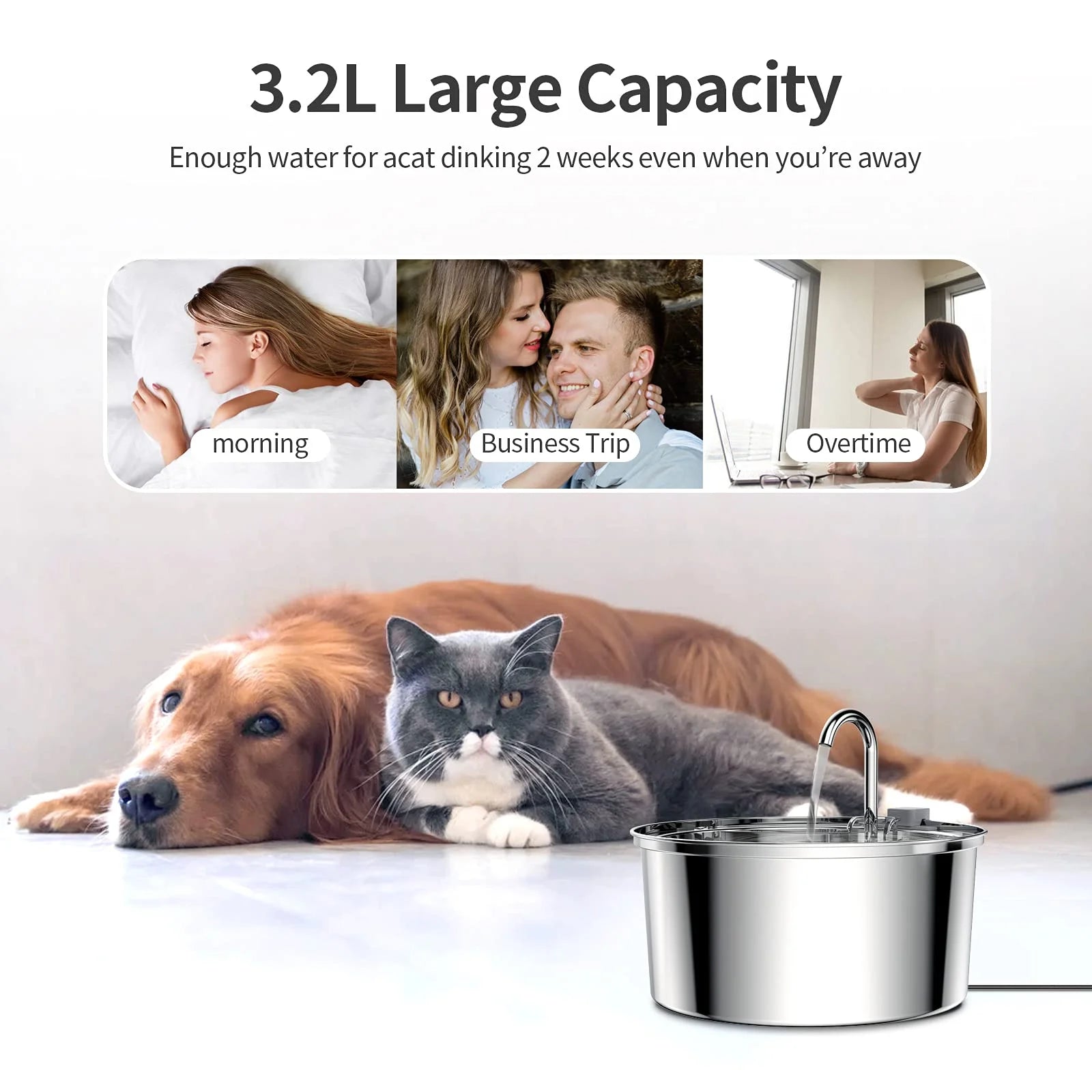 3.2L Stainless Steel Cat Water Fountain Sensor Water Cat Automatic Water Fountain USB Pet Water Fountain Dog Fountain