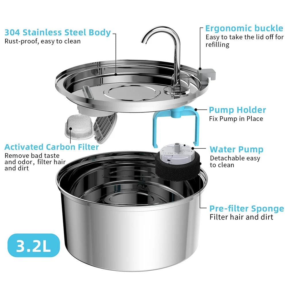 3.2L Stainless Steel Cat Water Fountain Sensor Water Cat Automatic Water Fountain USB Pet Water Fountain Dog Fountain
